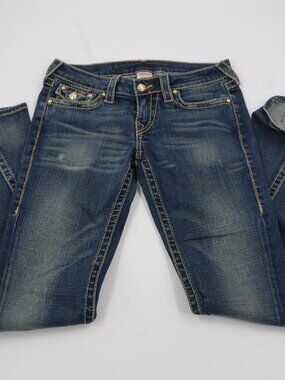 True Religion Flare Jeans Womens 28 Blue Crystal Contrast Stitch Low Rise USA